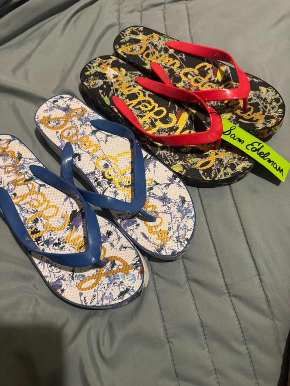 Sam Edelman Printed Flip Flops in Blue and Red
